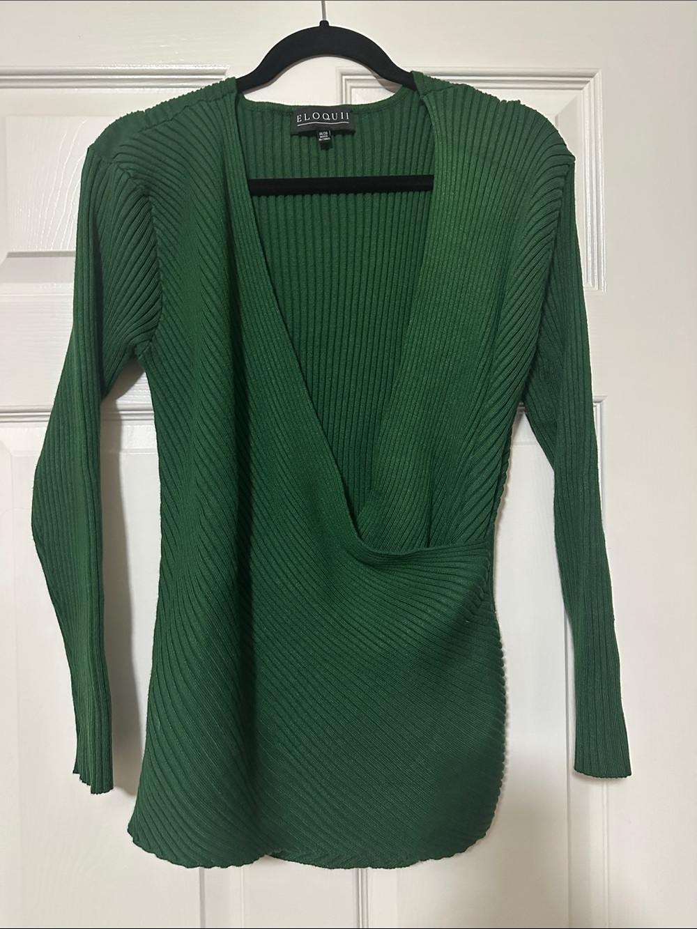 Eloquii Forest Green Ribbed Wrap-Style V-Neck Sweater
